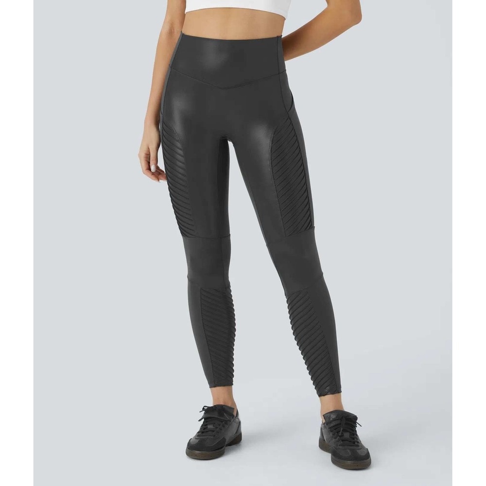 Halara Faux Leather High‎ Waisted Pocket Shine Quick Dry Casual Moto Leggings M